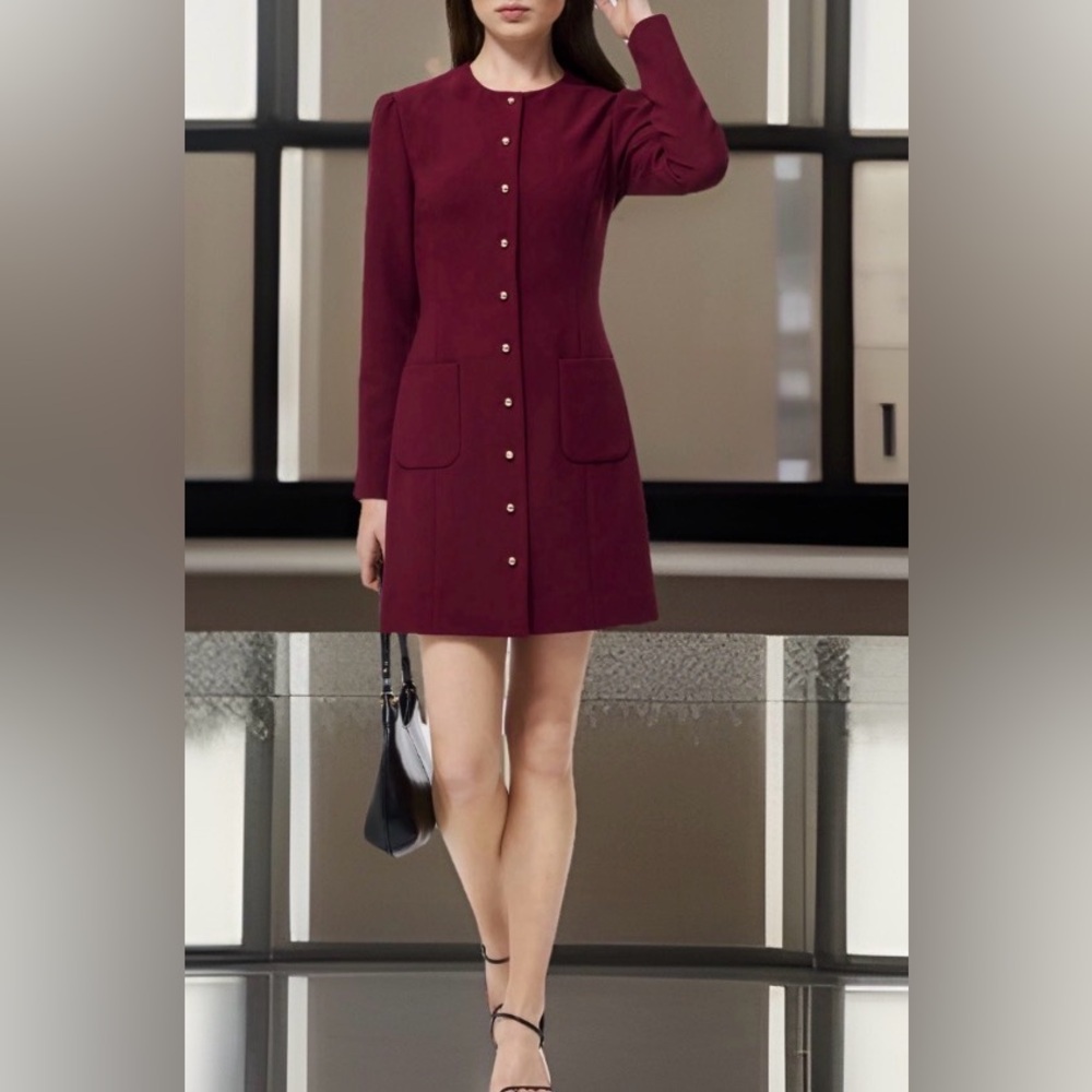 NWT French Connection Bordeaux Red Celie Long Sleeve Button Front Minidress-6